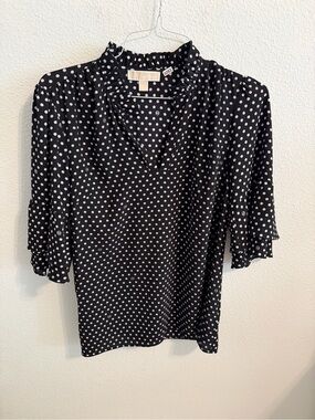 Michael Kors Black and White Polka Dot V-Neck Ruffle Blouse
